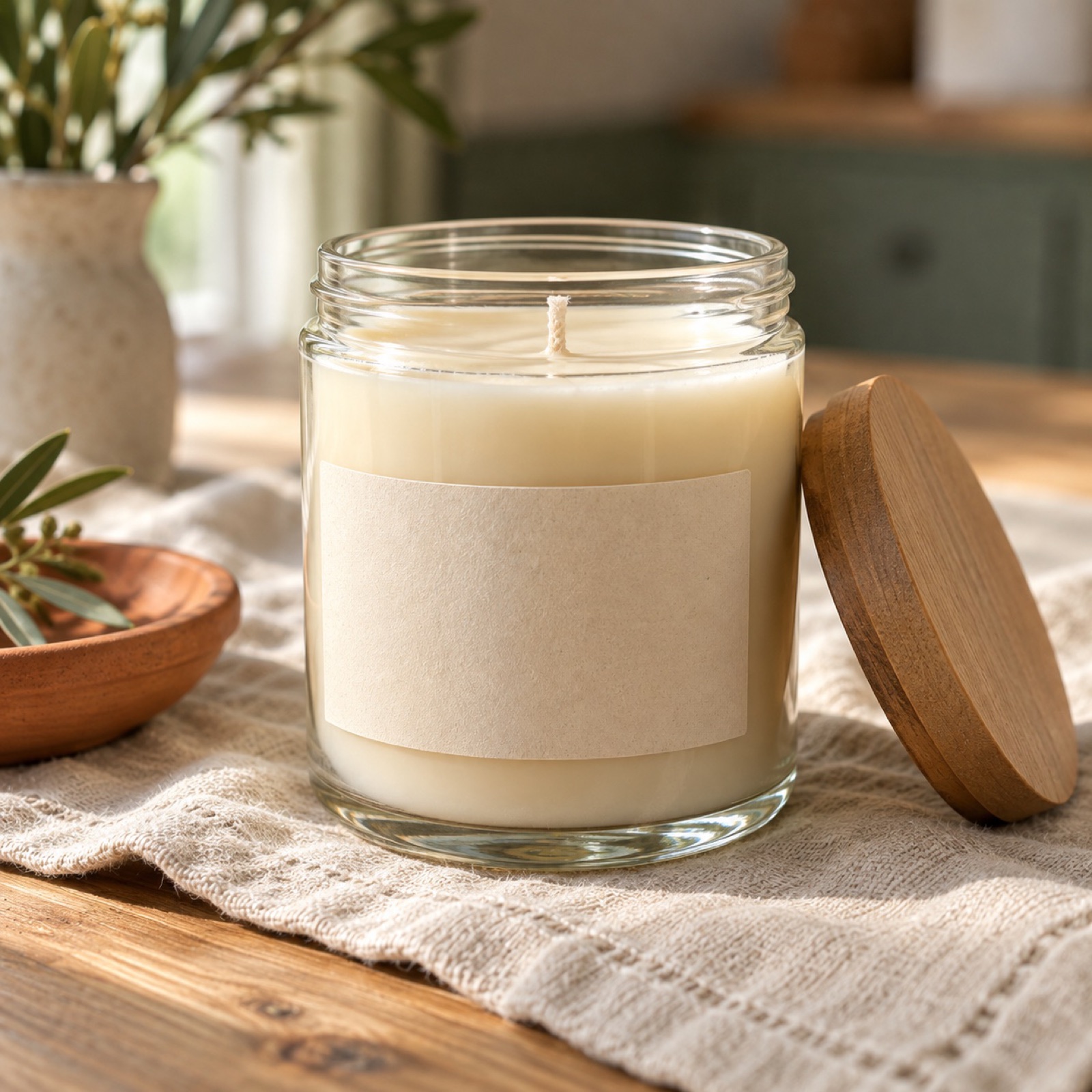A beeswax and coconut jar candle with a cotton wick and a simple label