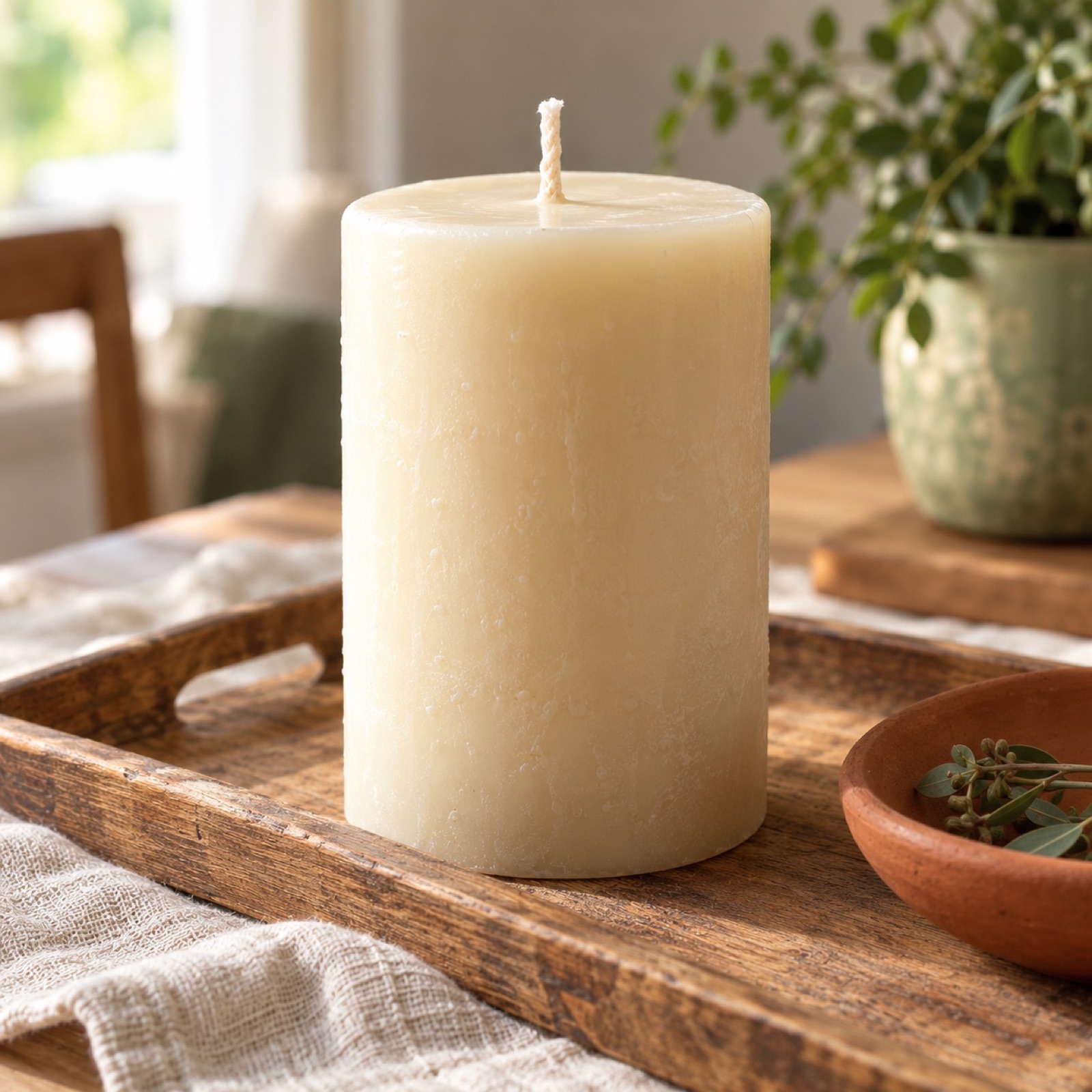 A large cream pillar candle on a wooden tray beside a small plant