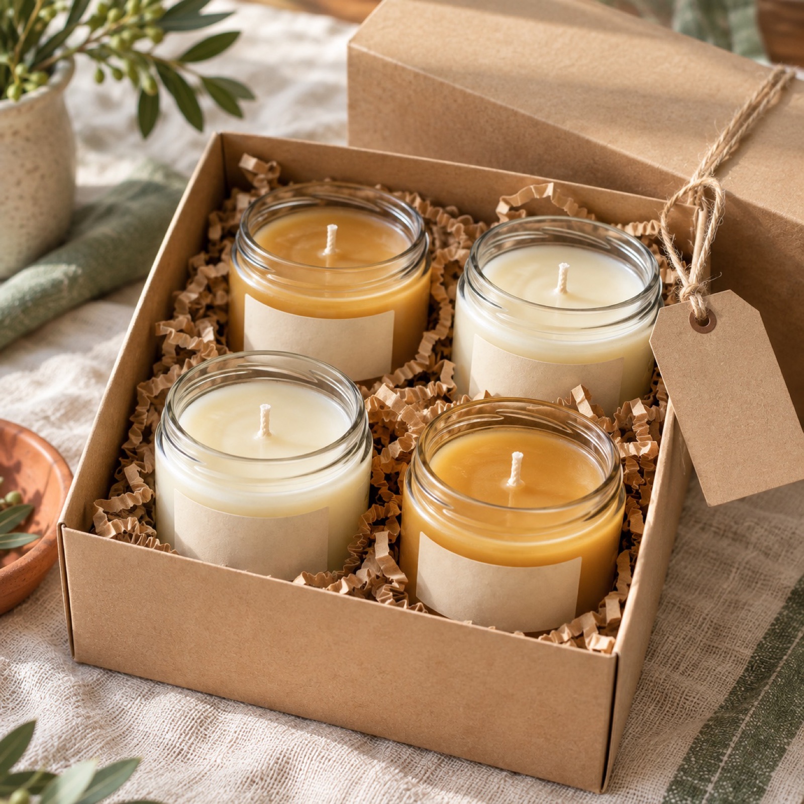 A beeswax gift sampler of small scented candles in a labeled box