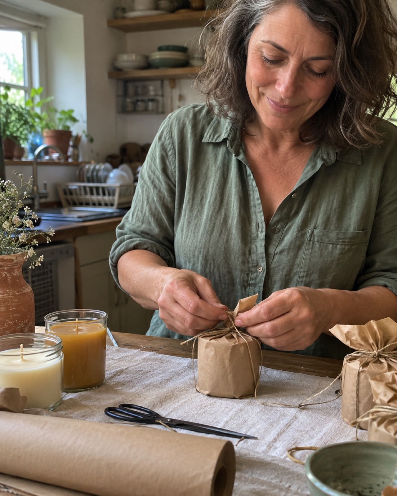 Wrapping a small hand-poured beeswax jar candle in kraft paper to sell